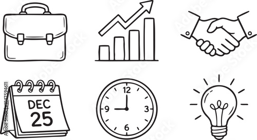 Hand drawn business icons briefcase graph handshake calendar clock lightbulb chart