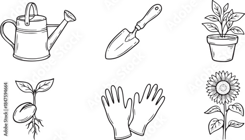 Hand drawn collection of gardening tools and plants in black and white line art watering