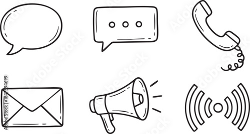 Hand drawn communication icons speech bubble phone envelope megaphone wifi signal vector