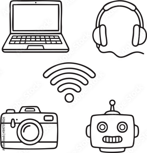 Hand drawn icons of laptop headphones wifi symbol camera and robot face computer technology