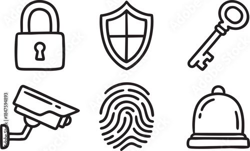 Hand drawn icons of security elements padlock shield key surveillance camera fingerprint and alarm