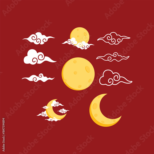 Lunar New Year Moon and Cloud Icons for Festive Celebrations and Traditional Design