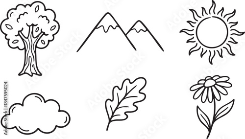 Hand drawn outline icons of a tree mountains sun cloud leaf and flower nature