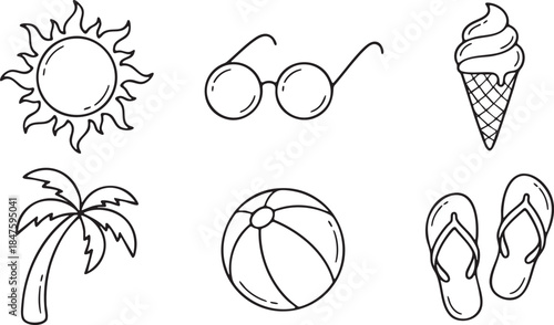 Line art collection of sun ice cream palm tree beach ball and flip flops cone