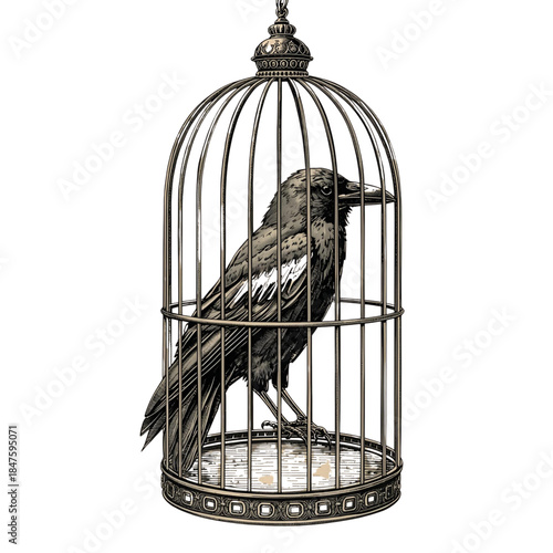Bird Trapped Inside a Vintage Metal Cage on White Background