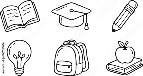 Open book graduation cap pencil light bulb backpack apple on book simple line art icons pages lines
