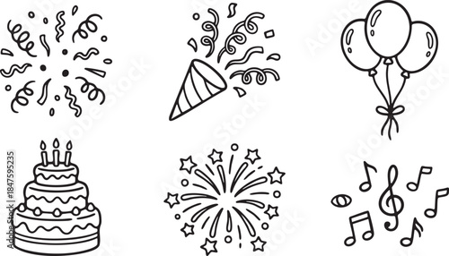 Six black line drawing icons for celebration including confetti balloons cake fireworks and music notes