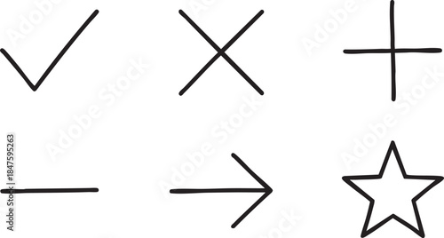 Six hand drawn black graphic symbols check mark cross plus sign line arrow star tick
