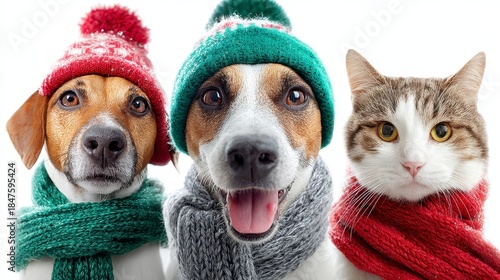 Close-up of three domestic animals two dogs and one cat, all bundled up in winter hats and scarves, looking directly at the viewer with varying expressions