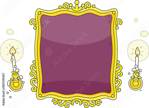 Old mirror in a decorated golden frame with candlesticks and burning candles from a royal palace of a fairytale kingdom, vector cartoon illustration isolated on a white background
