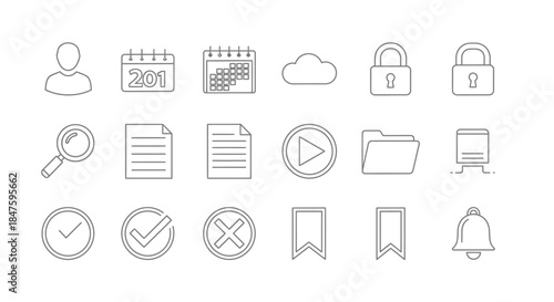 Collection of Simple Line Icons Representing Digital Concepts.