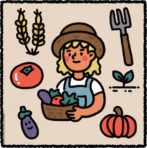 Cute hand-drawn farmer illustration holding vegetable basket with wheat, pumpkin and farming tools – agriculture and rural profession theme