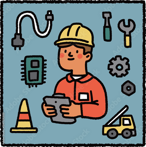 Cute hand-drawn mechanical engineer illustration with helmet, clipboard and industrial tools – engineering profession theme