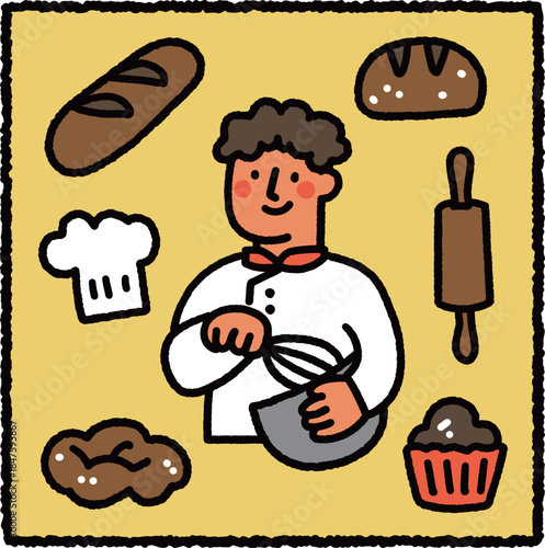 Cute hand-drawn baker illustration with bread, dough and baking tools – baking and pastry profession theme