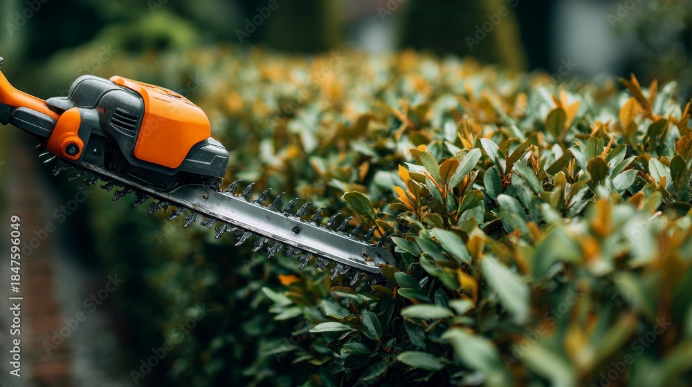 Fototapeta premium Close-up shot of an electric hedge trimmer neatly trimming a vibrant green hedge on a sunny day