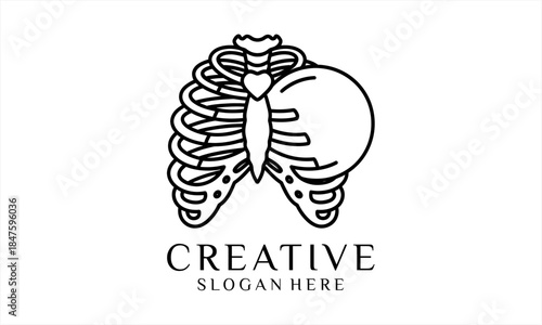 Minimalist line art illustration of human rib cage anatomy with abstract circular element.