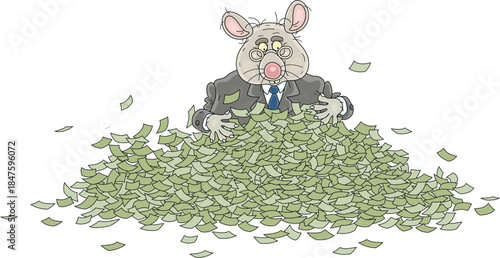 Greedy business rat enjoying its large pile of money, vector cartoon illustration on a white background
