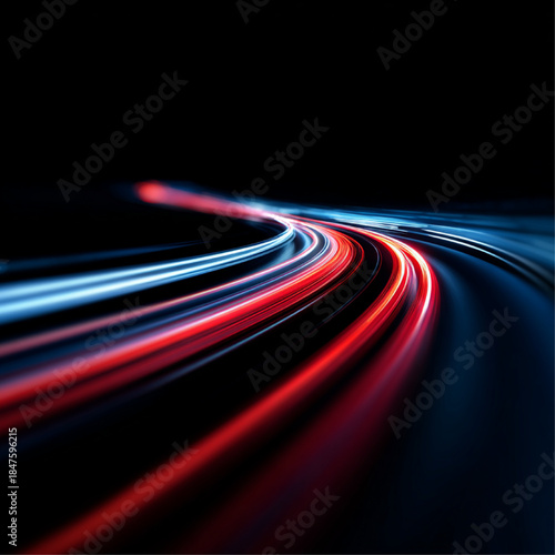 Neon laser ribbons spiral over shadowed city street. Dynamic lines convey swift motion, velocity, glowing trails, twisting streams, energy bursts, high-tech futuristic speed in night setting vector.