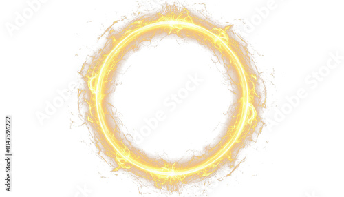 Golden glowing circle with glitter and sparks on transparent PNG clipart for design.