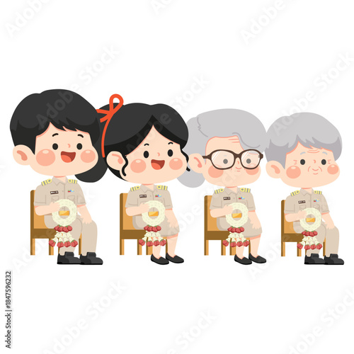 Cartoon Thai Teachers with Jasmine Garland Illustration