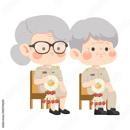 Cartoon Senior Female and Male Educators Holding Floral Garland