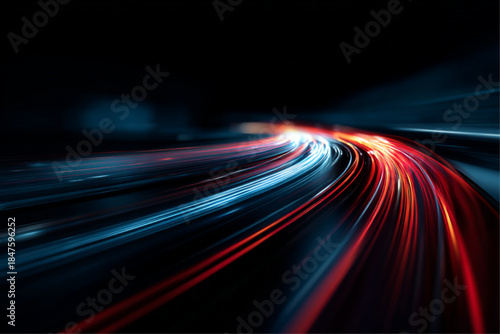 Neon laser lines twist along a futuristic city road at night. Glowing ribbons trace dynamic motion, acceleration, luminous trails, energy currents, and spiral paths in a high-tech environment, vector.