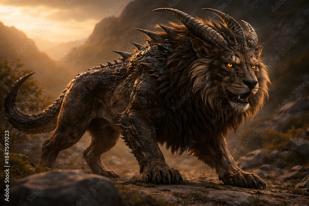 custom made wallpaper toronto digitalDrachenlöwe – Mythisches Fantasiewesen in dramatischer Berglandschaft