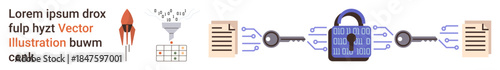 Data privacy, encryption, cybersecurity, secure connections, information protection, technology framework. A digital lock with connected circuits and data elements. Data privacy and encryption