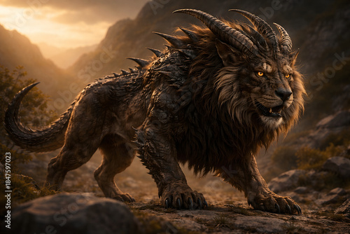 Wallpaper Mural Drachenlöwe – Mythisches Fantasiewesen in dramatischer Berglandschaft Torontodigital.ca
