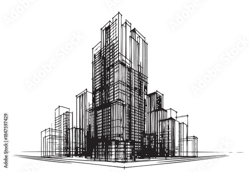 abstract line sketch high-rise building on white background