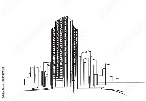 abstract line sketch high-rise building on white background