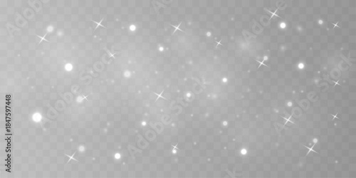 White dust particles drift through bokeh, blur with sparkle, glitter, shimmer, gentle glow, filled with twinkle, sparks, and luminous highlights for Christmas and New Year. PNG vector illustration.