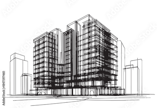 line sketch high-rise building on white background
