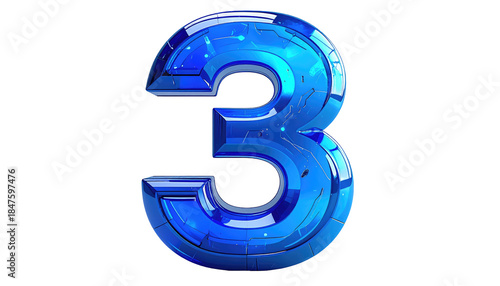 A blue, futuristic-styled number three rendered against a pure black background