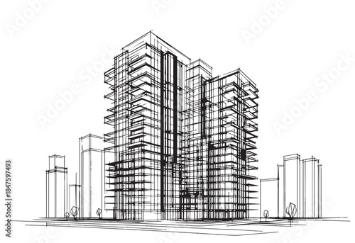 line sketch high-rise building on white background