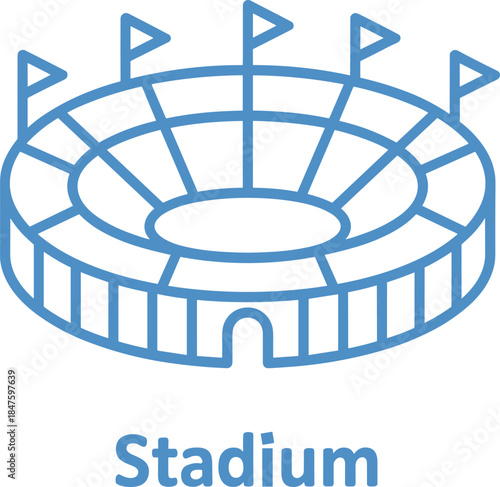 Stadium icon, sports arena symbol, competition field, blue line art vector design illustration, event place sign, big coliseum building outline.