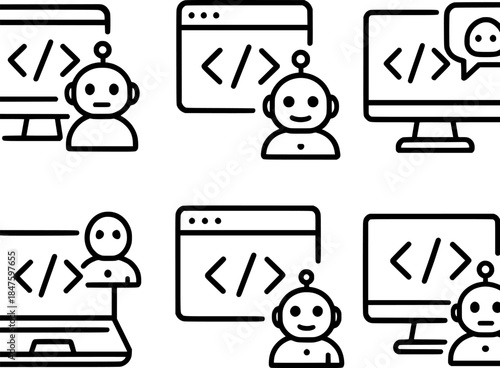 AI Copilot Coding Assistant Line Art Icon Set