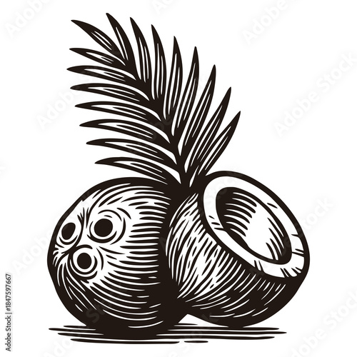 Whole and halved tropical coconuts with a palm leaf background