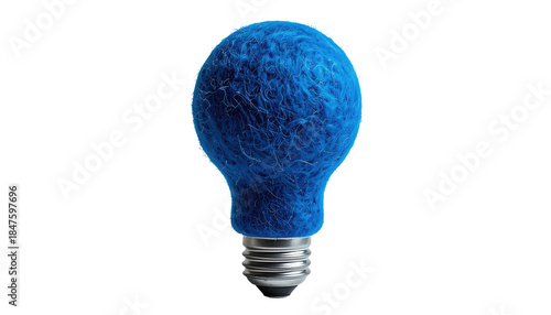 Blue fuzzy material covers a lightbulb. Metallic base visible against black background