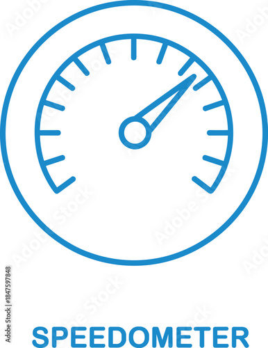 Speedometer icon, car dashboard gauge symbol, fast vehicle speed measurement, blue line art vector design illustration, auto acceleration sign.