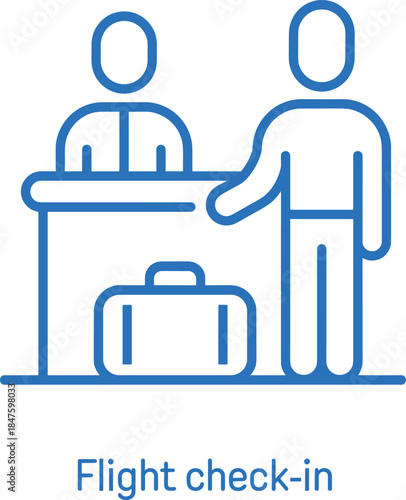 Flight check-in vector icon, passenger at airport counter, staff member assisting traveler with luggage, blue line art style design illustration.