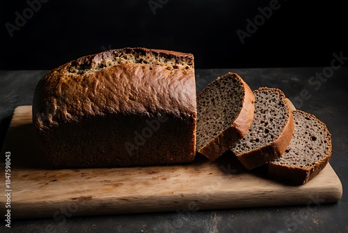 Dark rye bread loaf sliced and arranged diagonally on a wooden board.