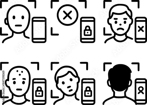 Face unlock attempt line icon set