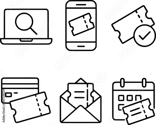 Online ticket booking steps vector icon set