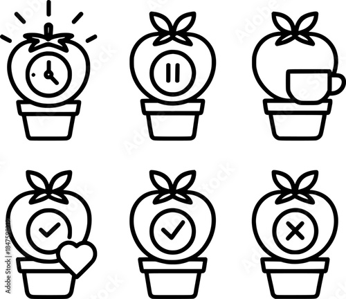 Pomodoro timer modes line icon set