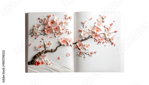 Open book displaying a textured, 3D cherry blossom branch on white pages with a sculpted river