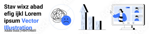 Mental health awareness, online education, growth data, visual communication, digital transformation, remote learning. Sad face and tangled lines, chart and online classroom. Mental health