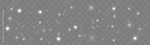 White dust drifts through soft bokeh and blur with glittery sparkle, gentle glow, radiant highlights, and subtle flare, creating magical Christmas and New Year light. PNG vector illustration.