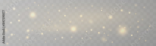 Golden dust sparkles with glitter, sparks, shimmer across blurred bokeh, glowing with warm highlights, flare floating light particles twinkle for Christmas, New Year scenes. PNG vector illustration. 