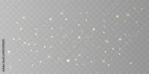 Golden yellow dust sparkles with glitter, sparks, shimmer across soft bokeh and blur, glowing with warm highlights, flare light particles twinkle for Christmas, New Year magic. PNG vector illustration